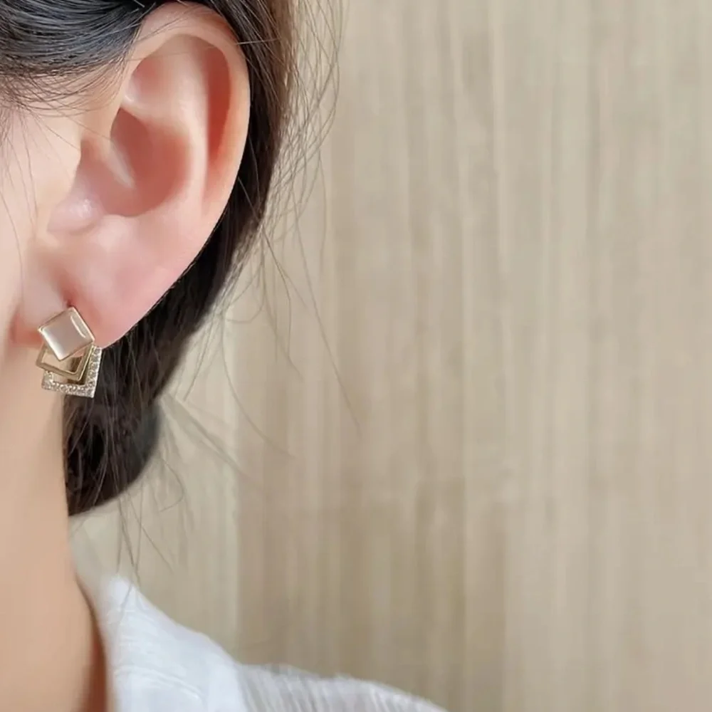 NEW Geometrical Square Modern Opal Cat Eye Stud Shinny Bright Evening Earrings